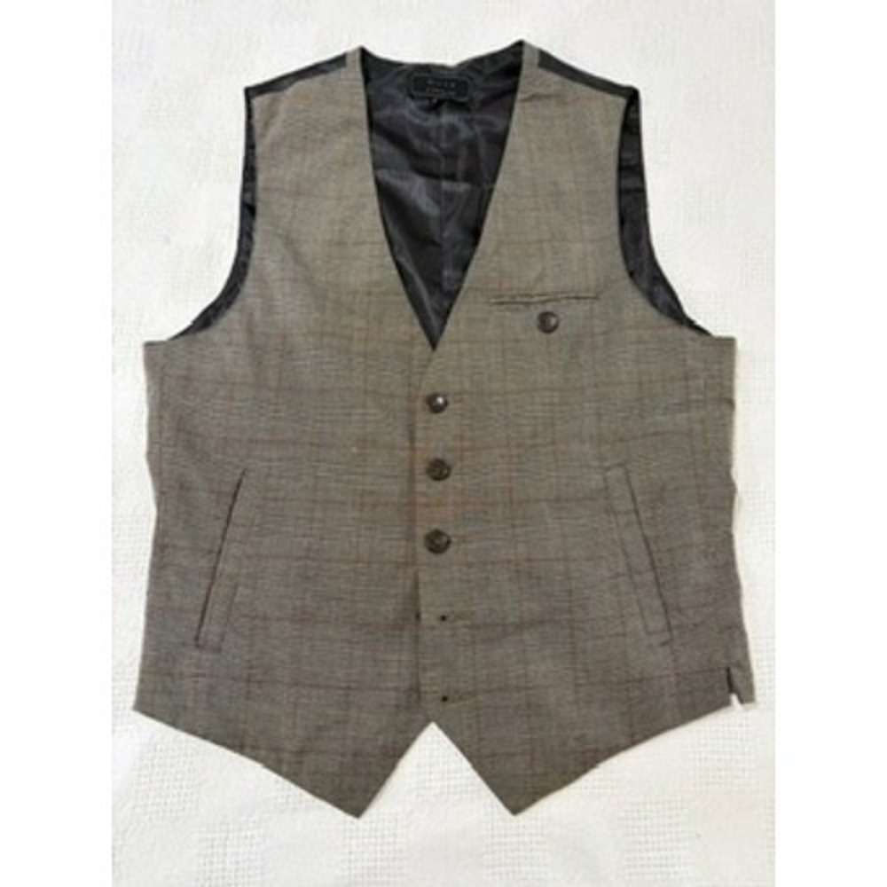 21 Men Glen Plaid Waistcoat Vest Brown Grey Plaid Mens Sz Medium Adjustable Back